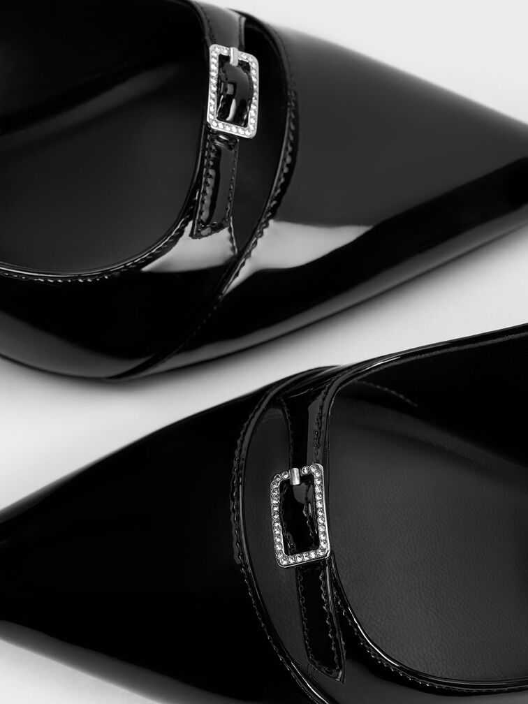 Patent Buckle-Strap Pointed-Toe Pumps, Black Patent, hi-res