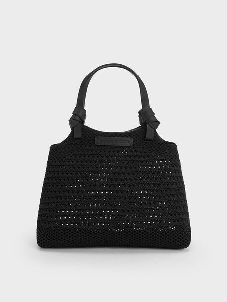 Ida Knotted Handle Knitted Tote Bag, Black, hi-res