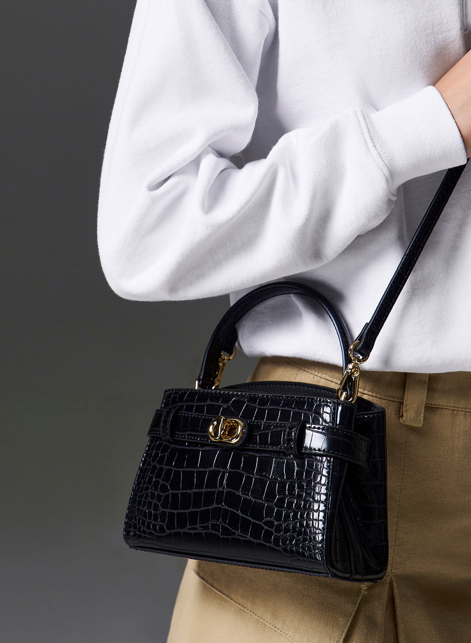 Aubrielle Croc-Effect Top Handle Bag, Black, hi-res