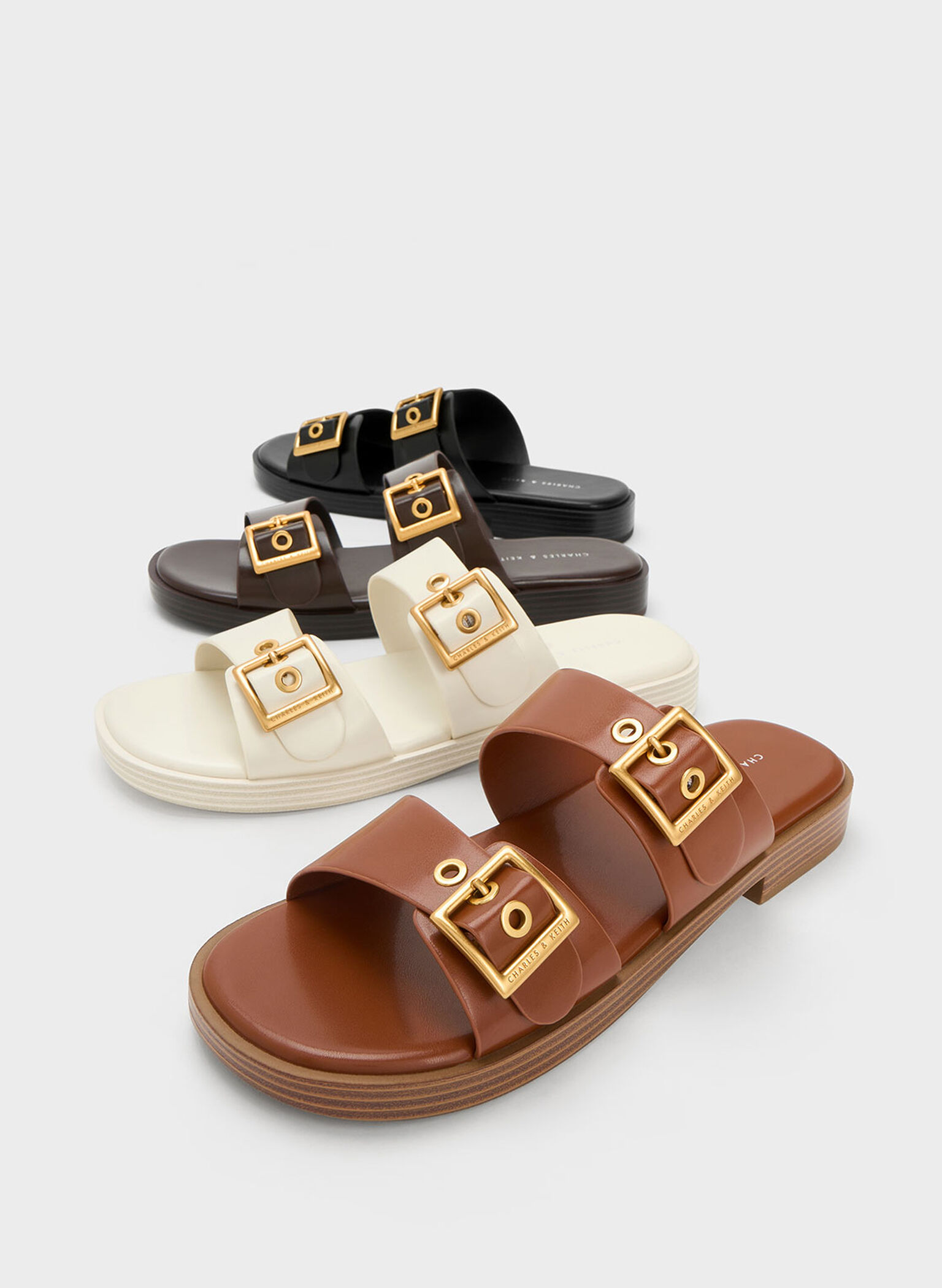 Buckled Double Strap Slide Sandals, Black, hi-res