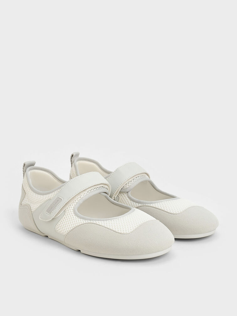 Mesh Contrast-Panel Mary Jane Sneakers, White, hi-res
