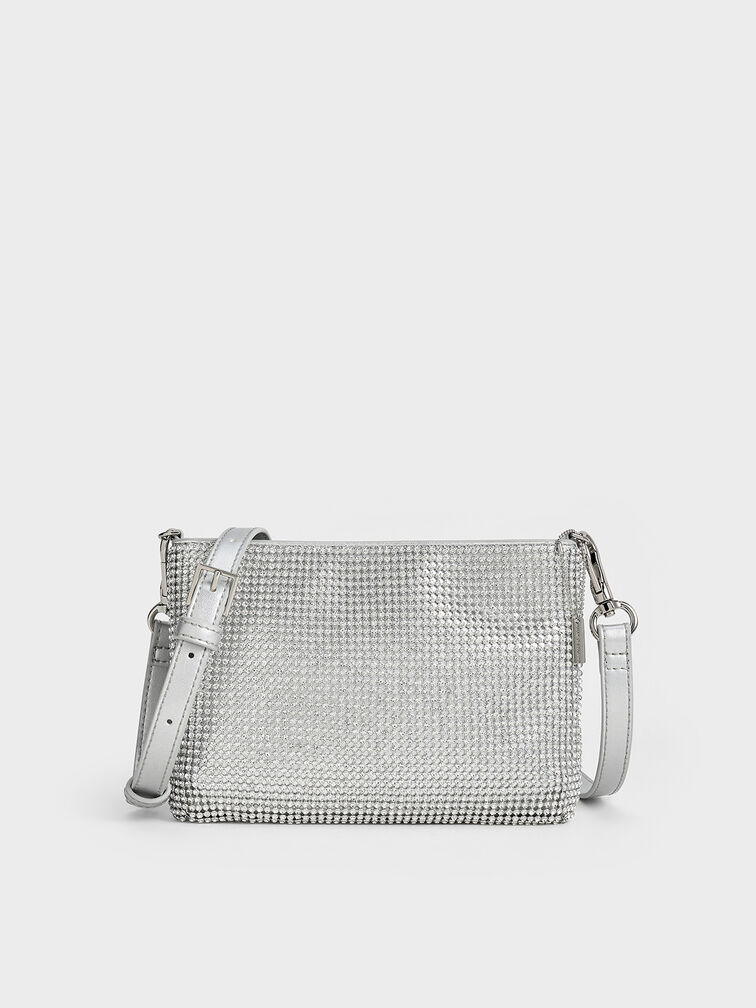 Crystal-Embellished Chain-Handle Shoulder Bag, Silver, hi-res