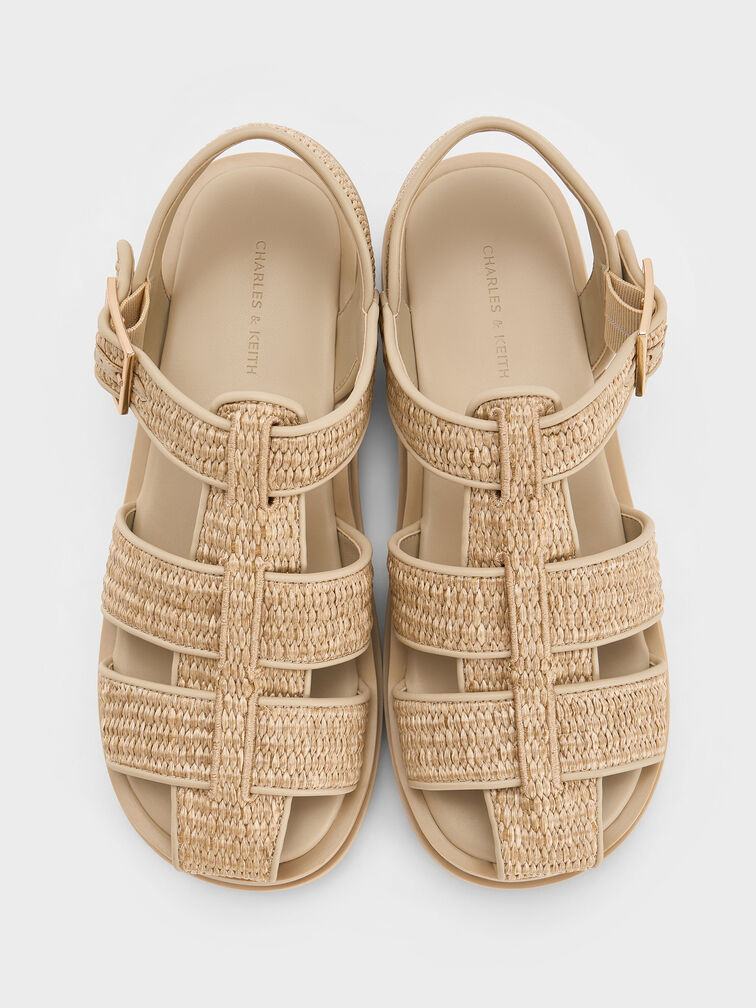Raffia Caged Sandals, Taupe, hi-res