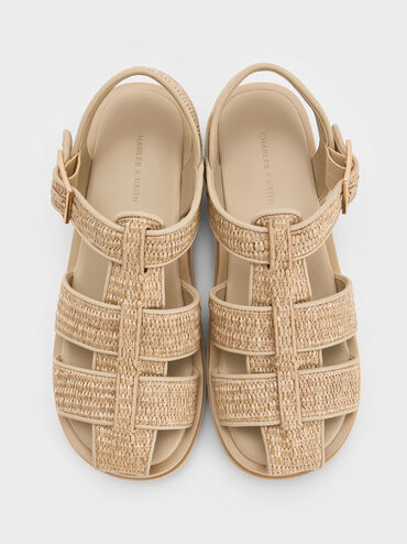 Raffia Caged Sandals, Taupe, hi-res