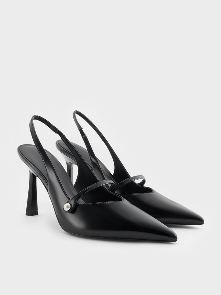 Helena Pearl-Buckle Pointed-Toe Slingback Pumps, Black Box, hi-res