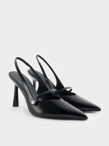 Helena Pearl-Buckle Pointed-Toe Slingback Pumps, Black Box, hi-res