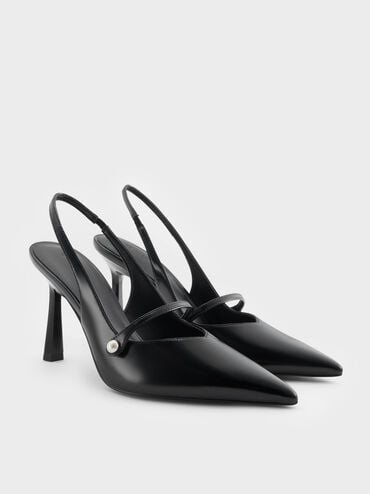 Helena Pearl-Buckle Pointed-Toe Slingback Pumps, Black Box, hi-res
