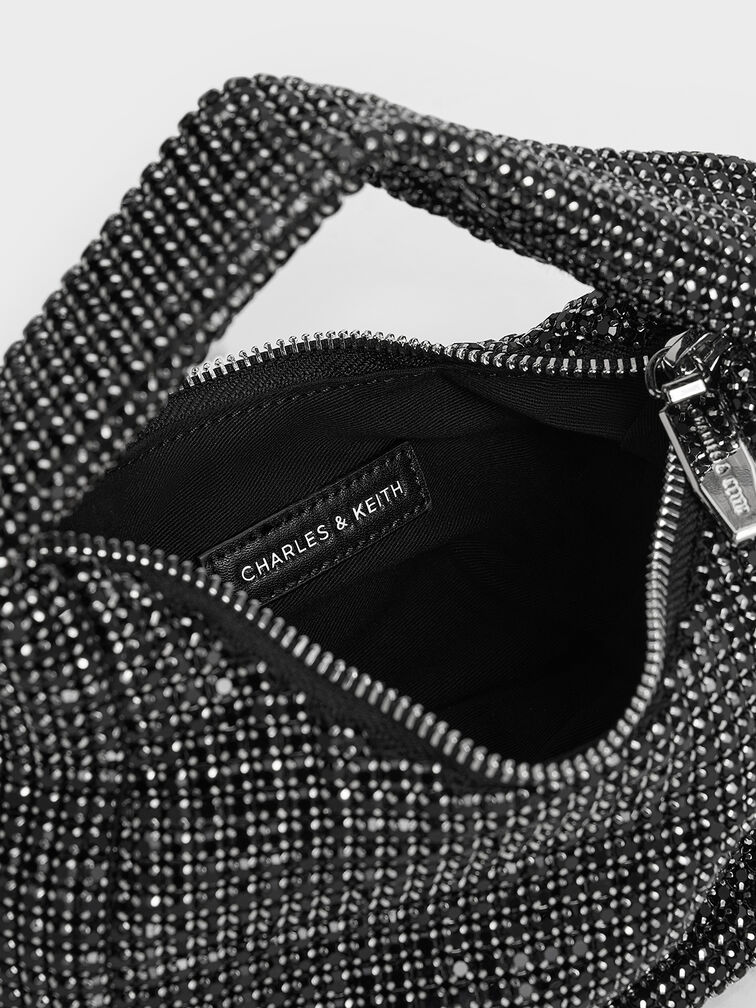Crystal-Embellished Hobo Bag, Noir, hi-res