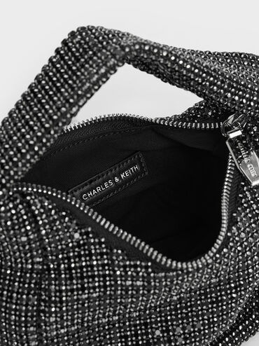 Crystal-Embellished Hobo Bag, Noir, hi-res