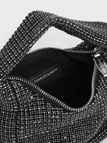 Crystal-Embellished Hobo Bag, Noir, hi-res