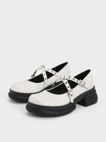 Grommet-Strap Platform Mary Janes, White, hi-res