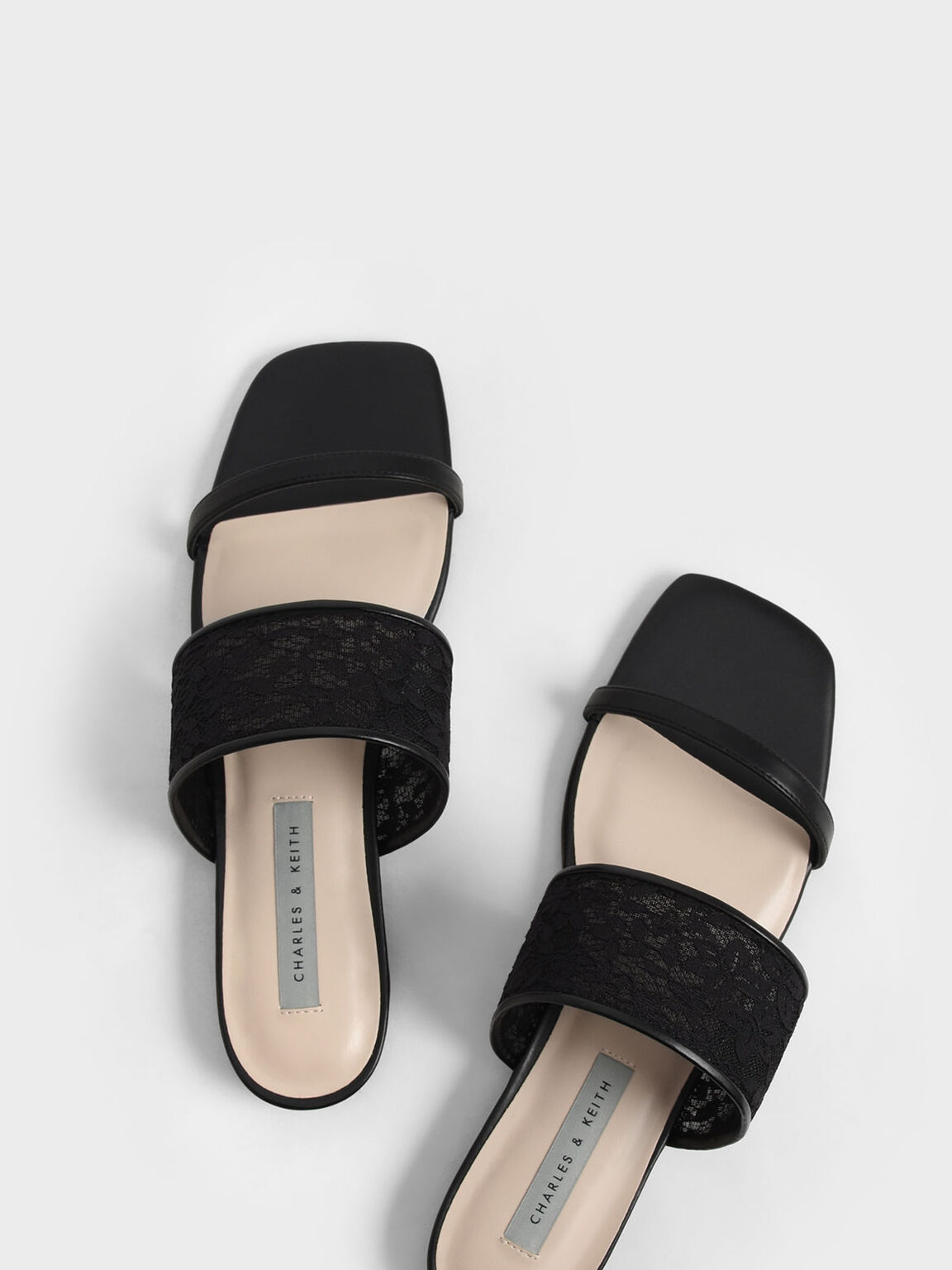 Lace & Mesh Slide Sandals, Black, hi-res