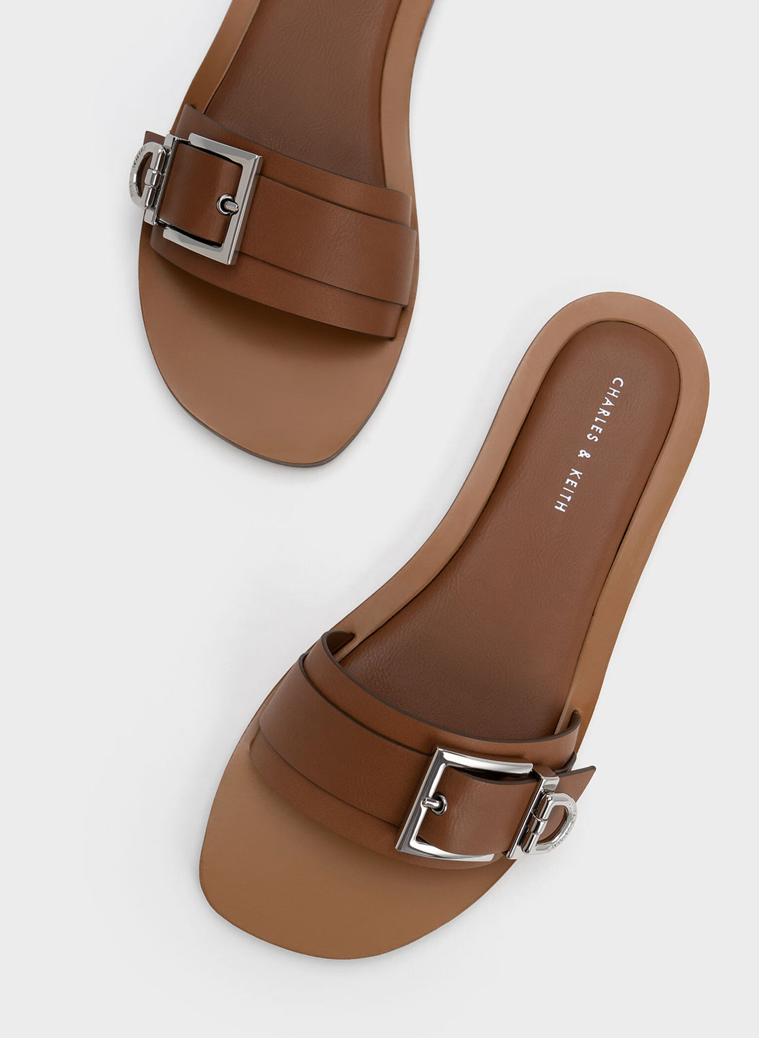 Metallic Buckle Slides, Brown, hi-res