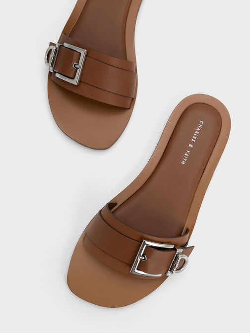 Metallic Buckle Slides, Brown, hi-res