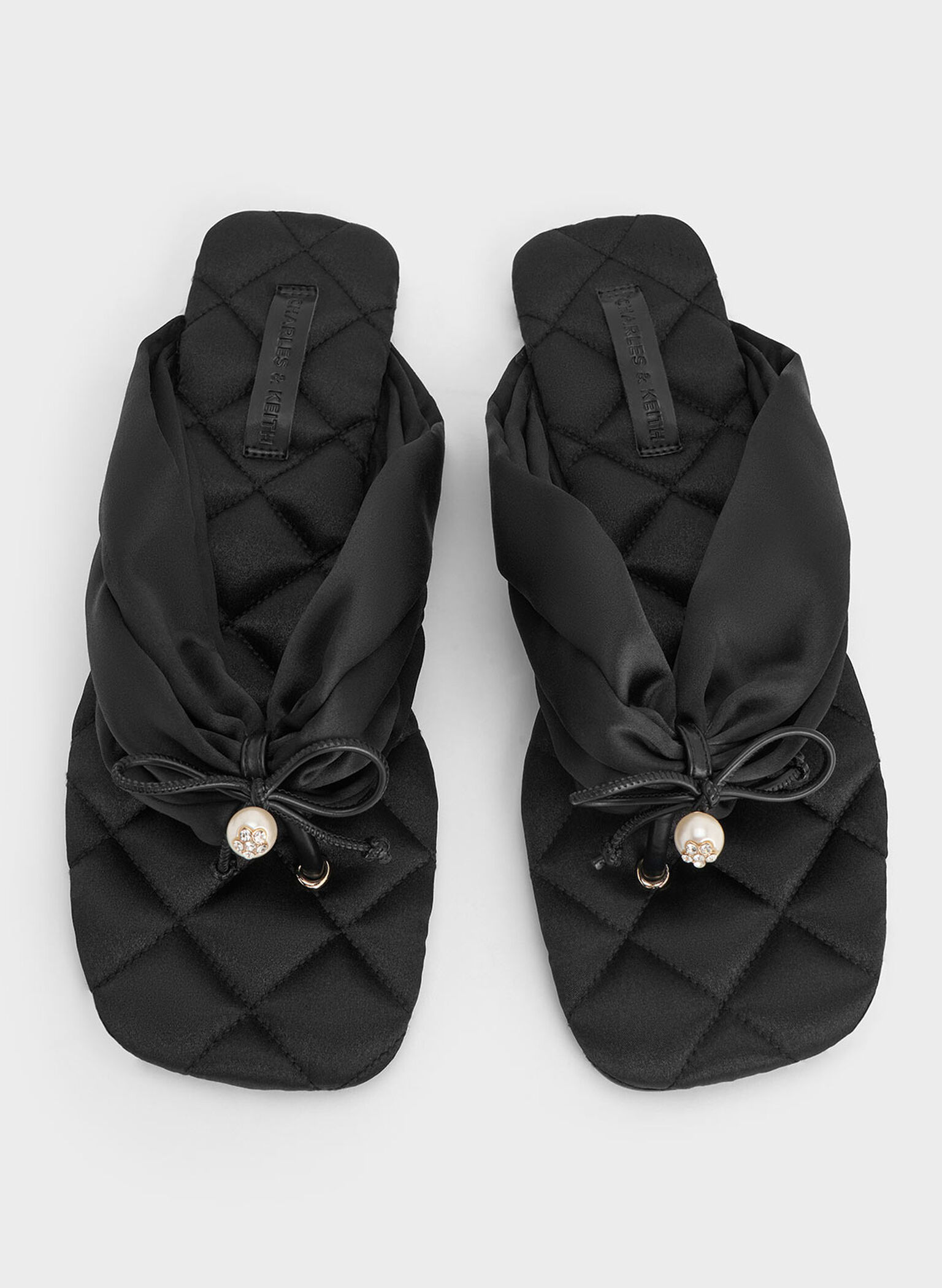 Satin Pearl-Accent Square-Toe Sandals, Black Textured, hi-res