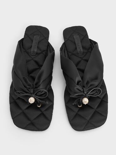 Satin Pearl-Accent Square-Toe Sandals, Black Textured, hi-res