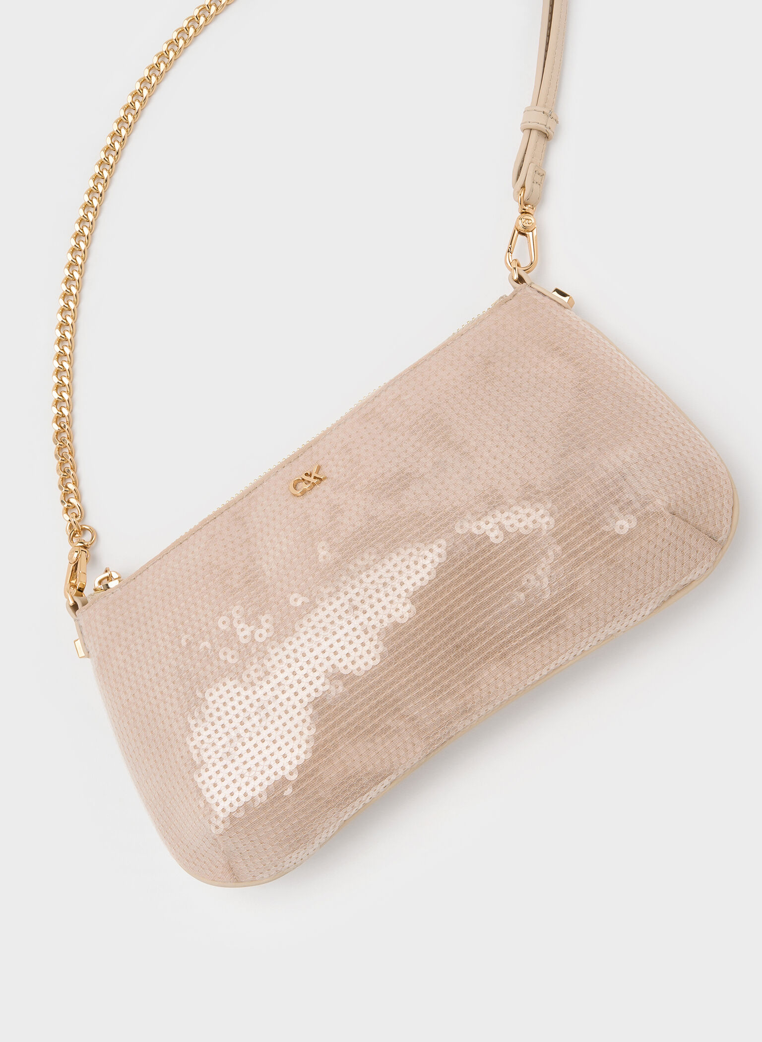 Sequin Mesh & Leather Shoulder Bag, Champagne Nude, hi-res