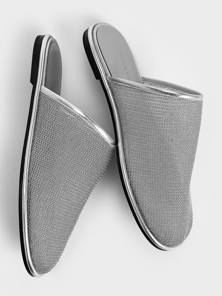 Mesh High-Vamp Flat Mules, Silver, hi-res