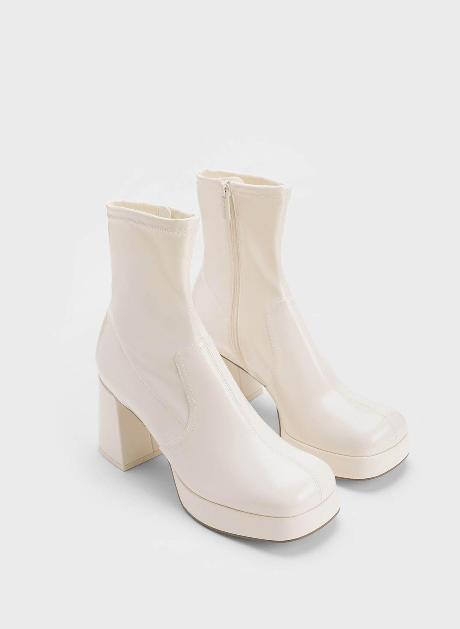 Patent Crinkle-Effect Block-Heel Boots, Beige, hi-res