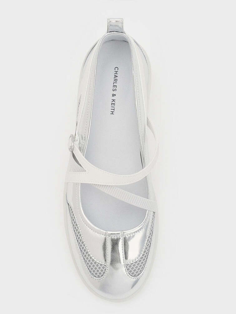 Metallic Mesh Two-Tone Ballet Sneakers, Silver, hi-res