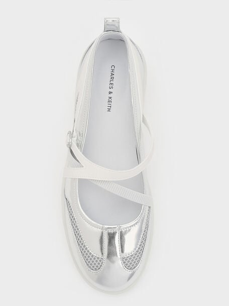 Metallic Mesh Two-Tone Ballet Sneakers, Silver, hi-res