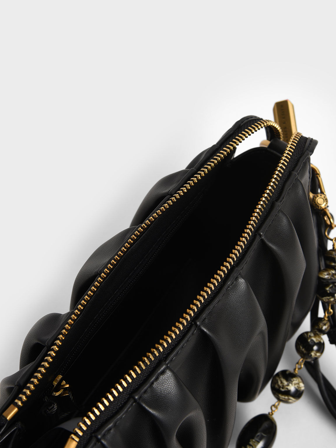 Ruched Bead-Handle Shoulder Bag, Black, hi-res