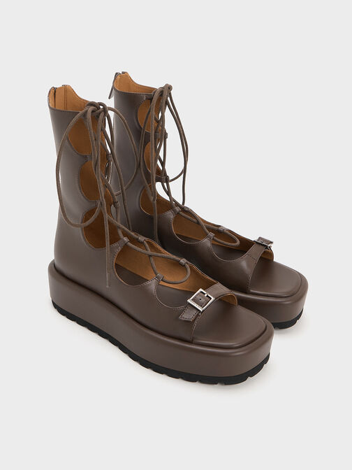 Gladiator Lace-Up Platform Sandals, Dark Brown, hi-res