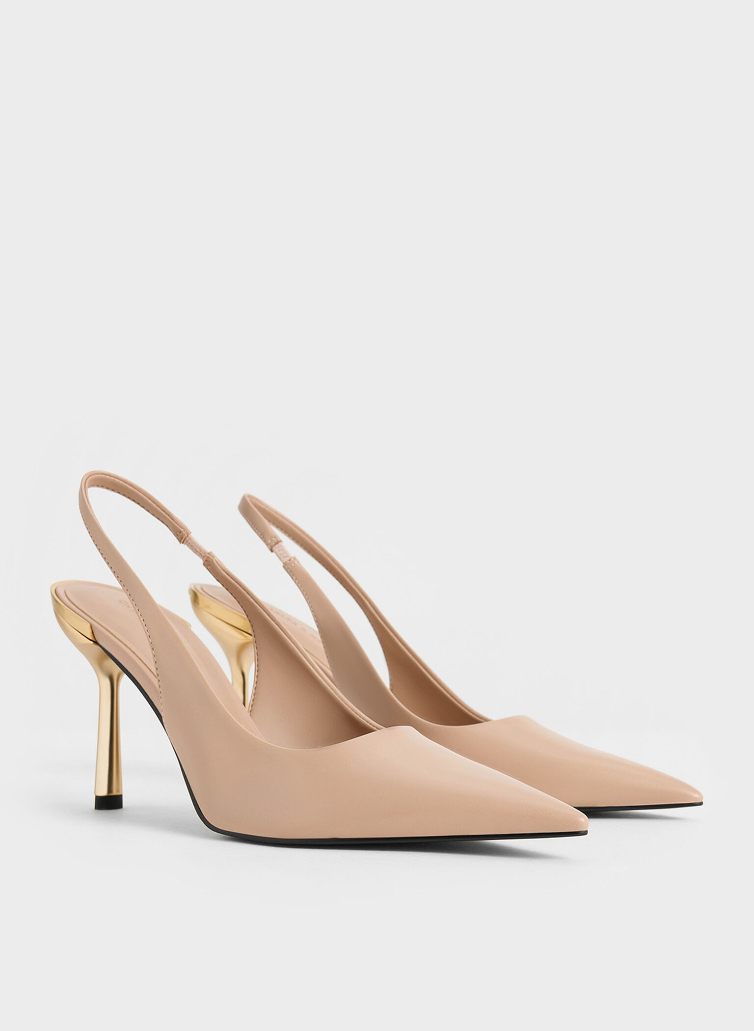 Metallic-Heel Pointed-Toe Slingback Pumps, Nude, hi-res