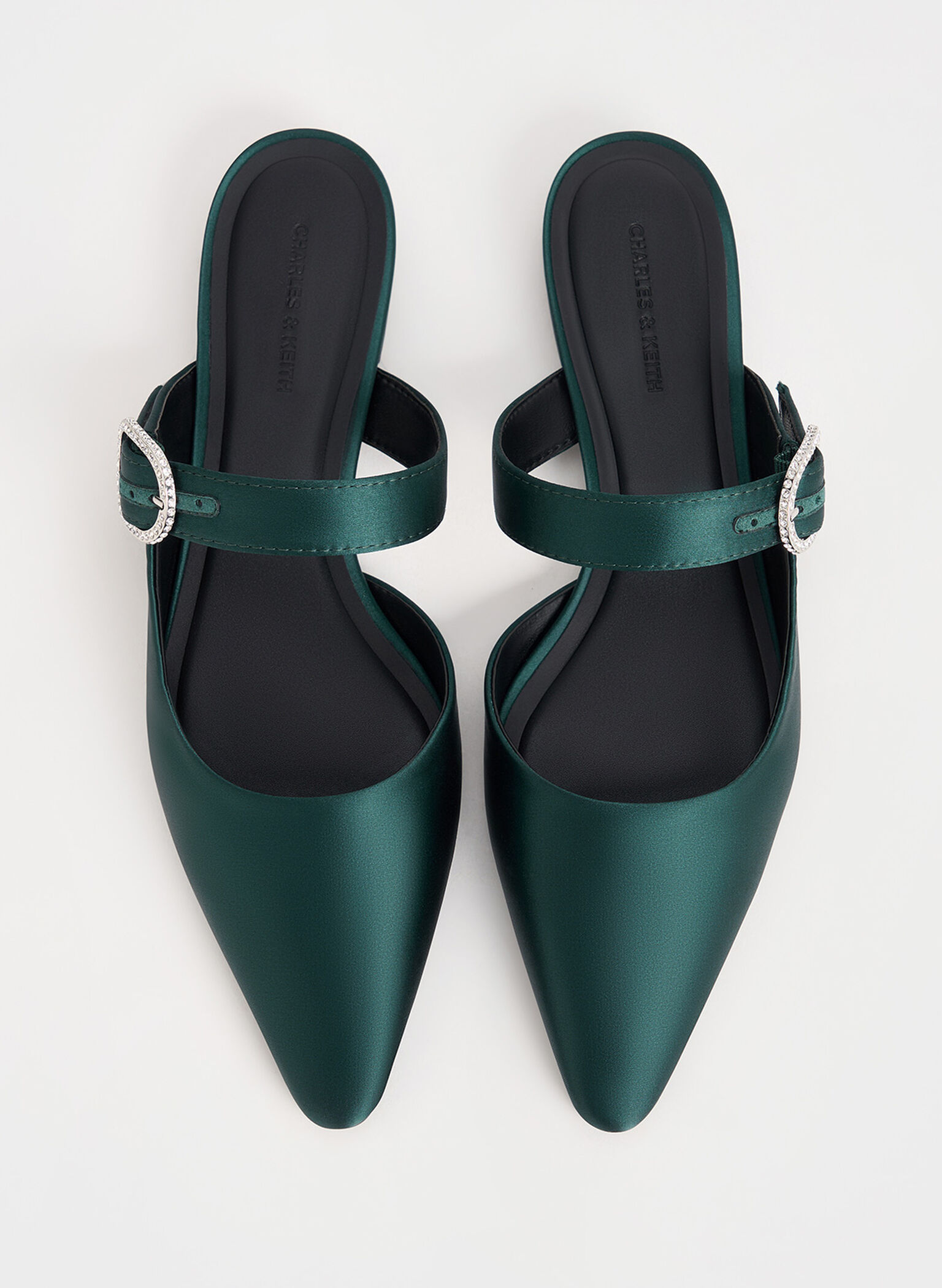 Recycled Polyester Crystal-Buckle Pointed-Toe Mules, Dark Green, hi-res