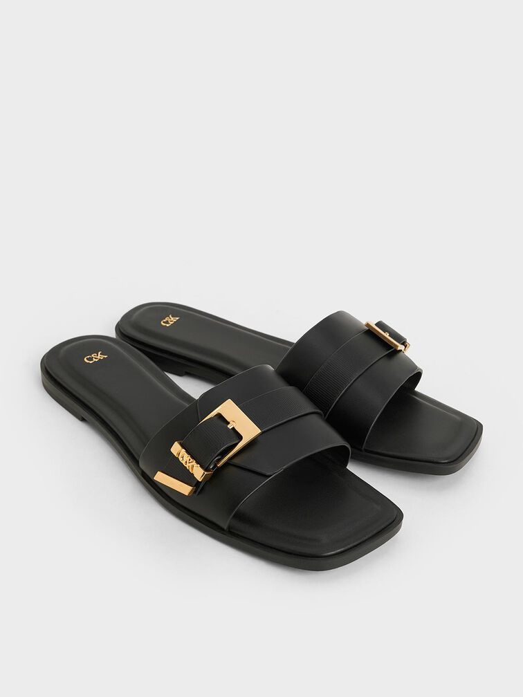 Leather Buckled Square-Toe Slide Sandals, Black, hi-res