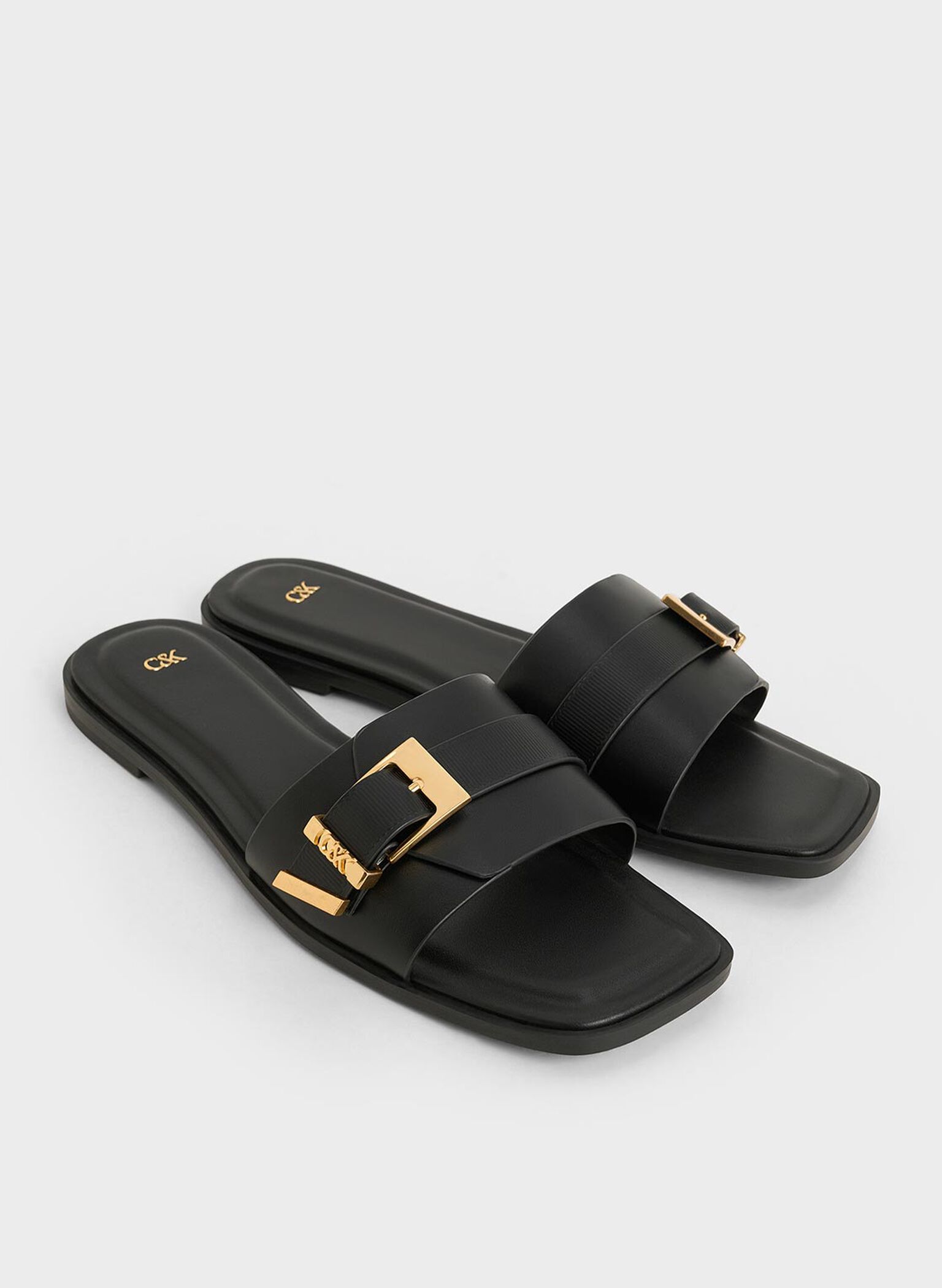Leather Buckled Square-Toe Slide Sandals, Black, hi-res