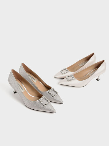 Ever Glittered Gem-Embellished Kitten Heel Pumps, Silver, hi-res