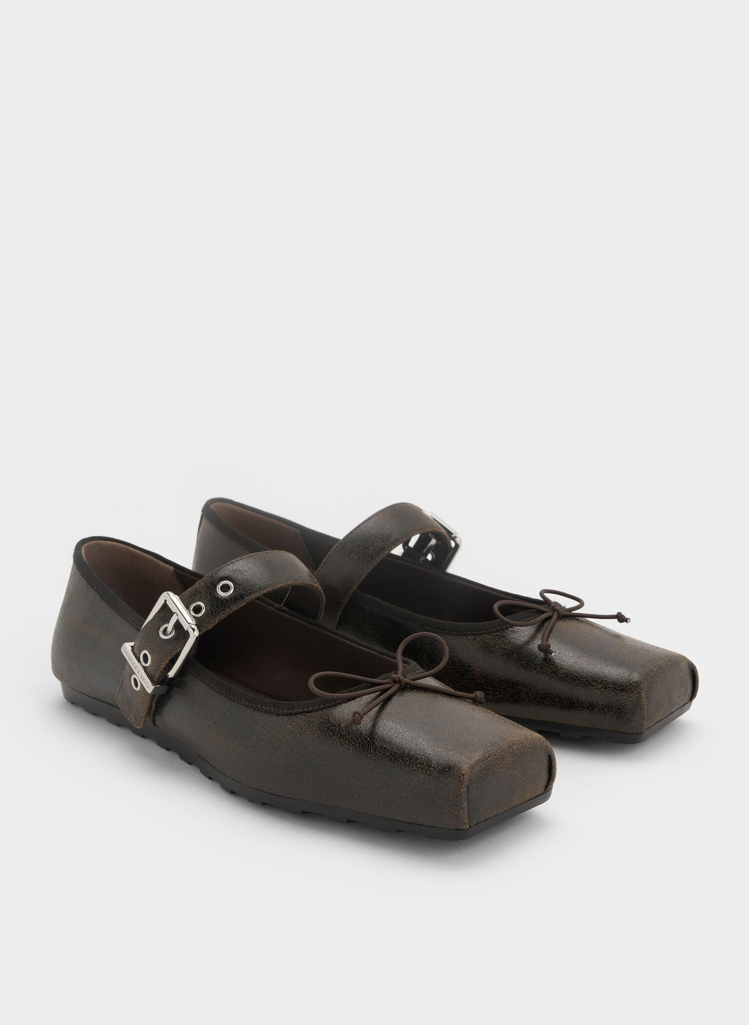 Myler Crinkle-Effect Bow Square-Toe Buckled Mary Janes, Dark Brown, hi-res