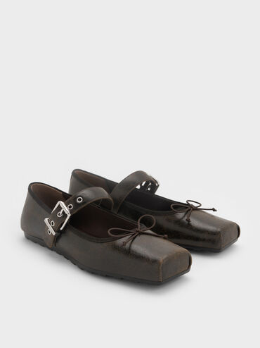Myler Crinkle-Effect Bow Square-Toe Buckled Mary Janes, Dark Brown, hi-res