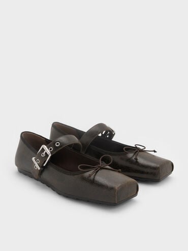 Myler Crinkle-Effect Bow Square-Toe Buckled Mary Janes, Dark Brown, hi-res