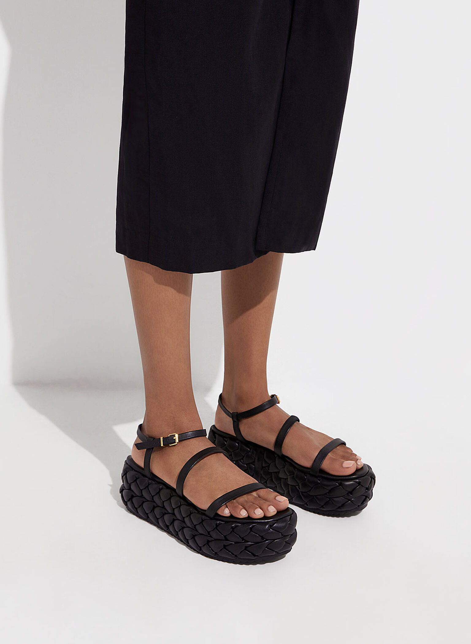 Tali Leather Braided Flatforms, Black, hi-res