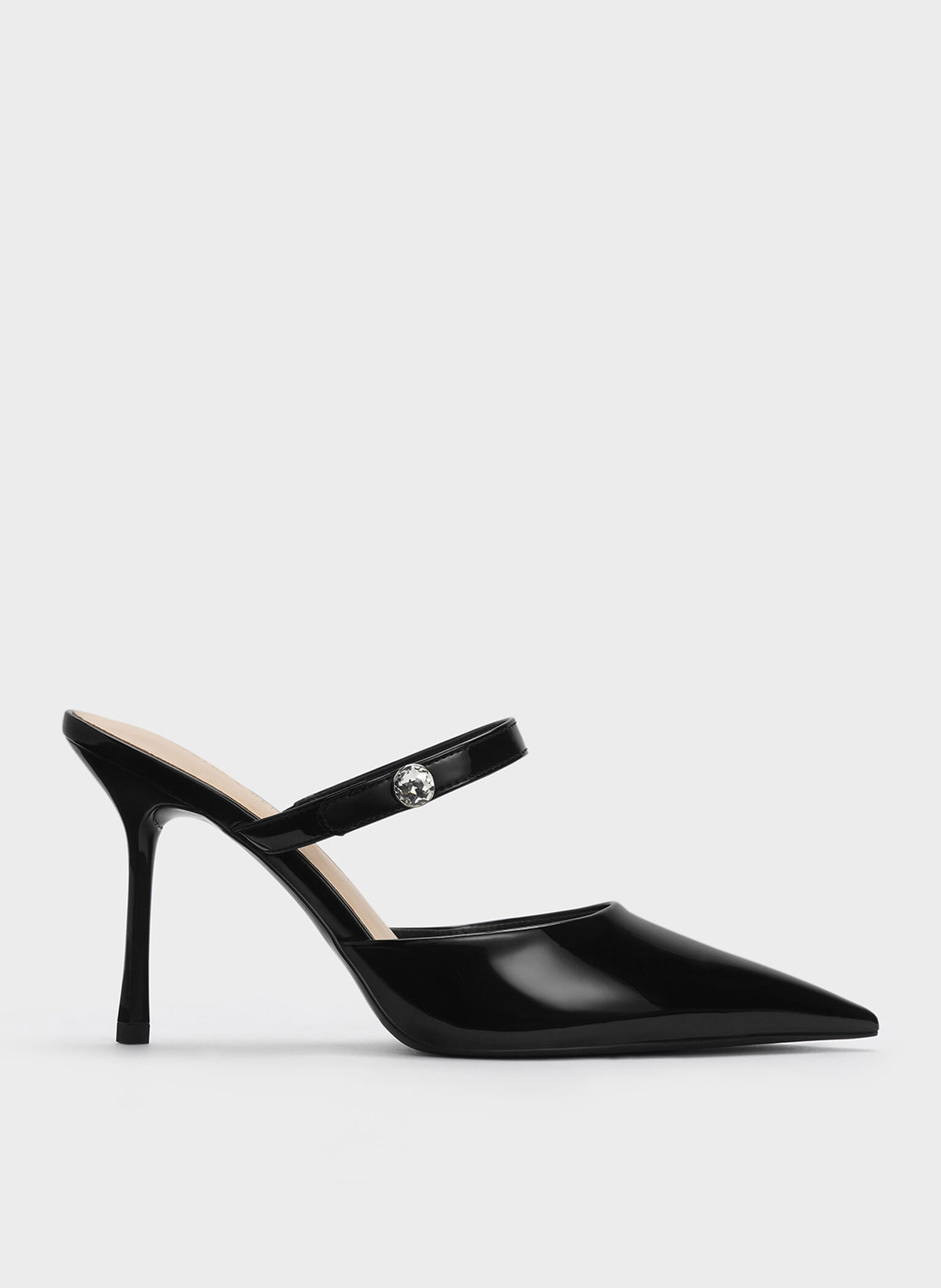 Patent Crystal-Accent Stiletto-Heel Mules, Black Patent, hi-res