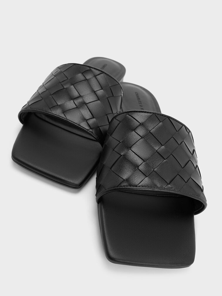 Woven Slide Sandals, Black, hi-res