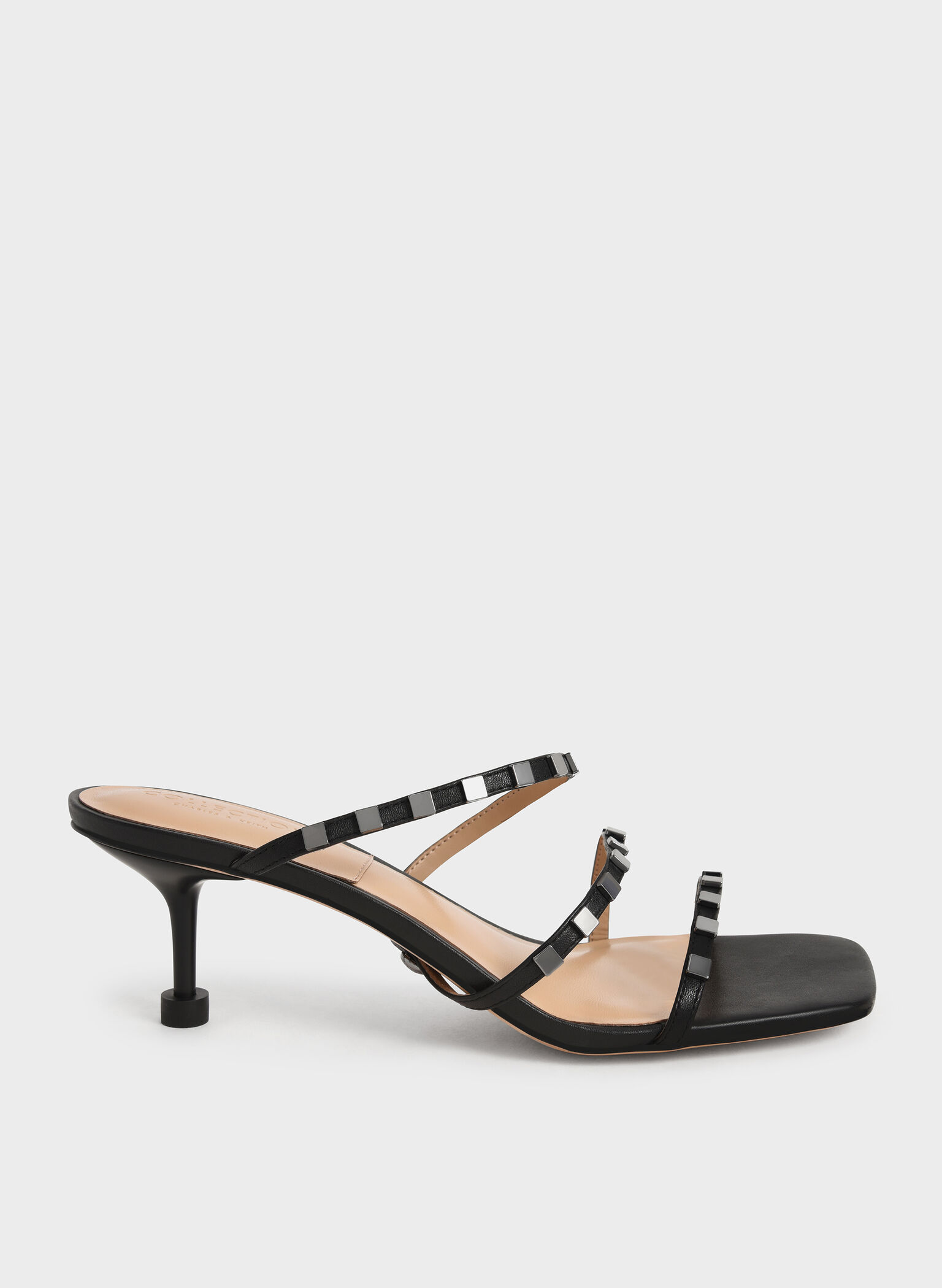 Leather Embellished Sculptural Heel Sandals, Black, hi-res