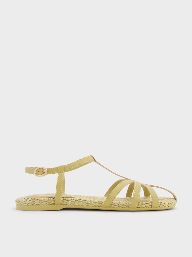 Strappy Raffia T-Bar Ankle-Strap Sandals, Olive, hi-res