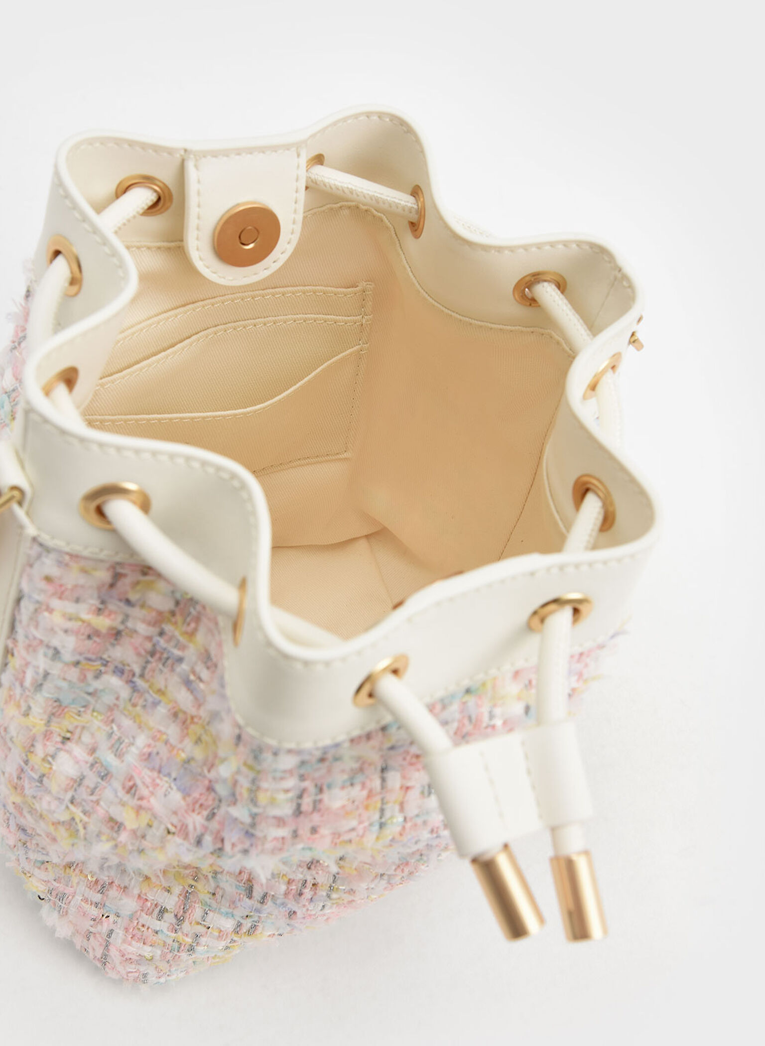 Woven Handle Tweed Bucket Bag, Light Pink, hi-res