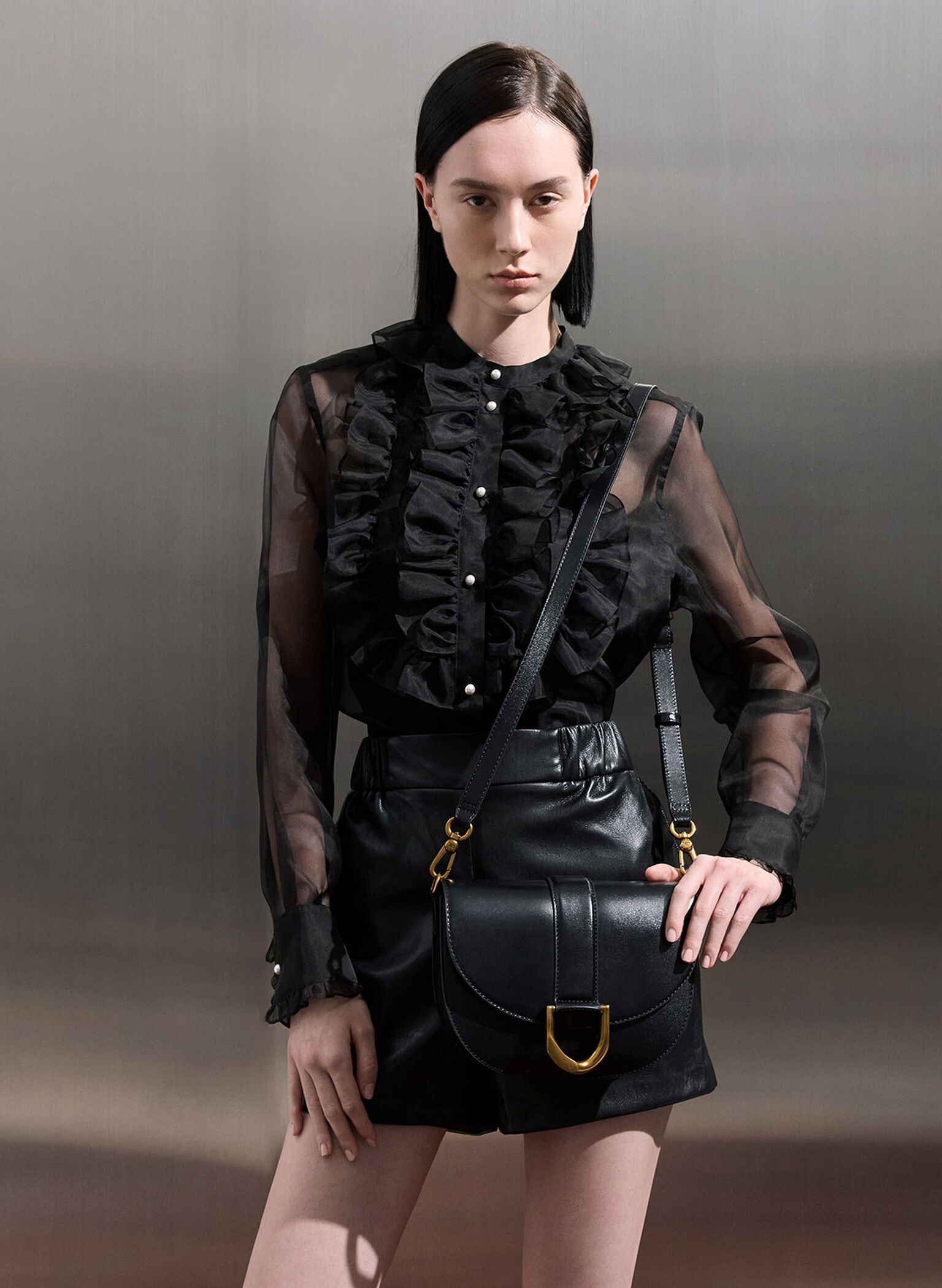 Gabine Leather Saddle Bag, Black, hi-res