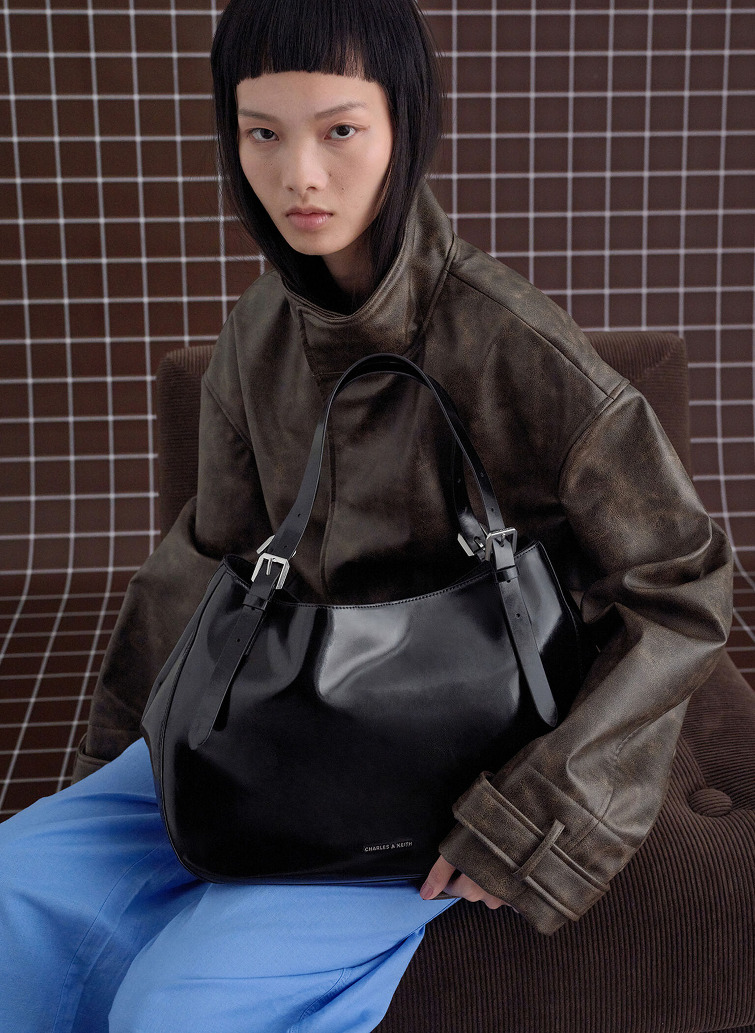 Buckle-Strap Slouchy Tote Bag, Noir, hi-res