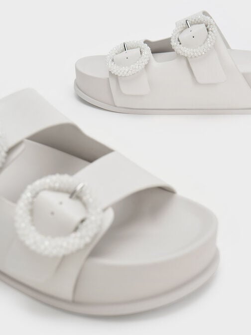 Beaded Circle Slide Sandals, White, hi-res