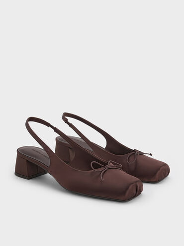 Satin Bow Square-Toe Slingback Pumps, Dark Brown, hi-res