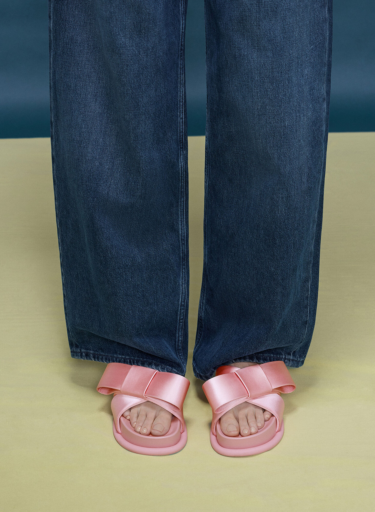 Satin Bow Flatform Sandals, Pink, hi-res