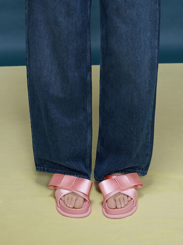 Satin Bow Flatform Sandals, Pink, hi-res