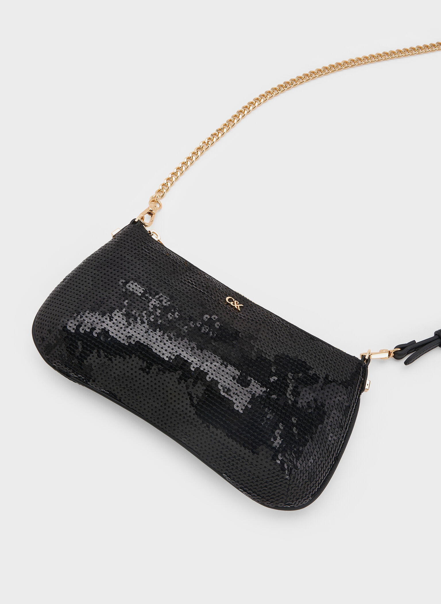 Sequin Mesh & Leather Shoulder Bag, Black, hi-res