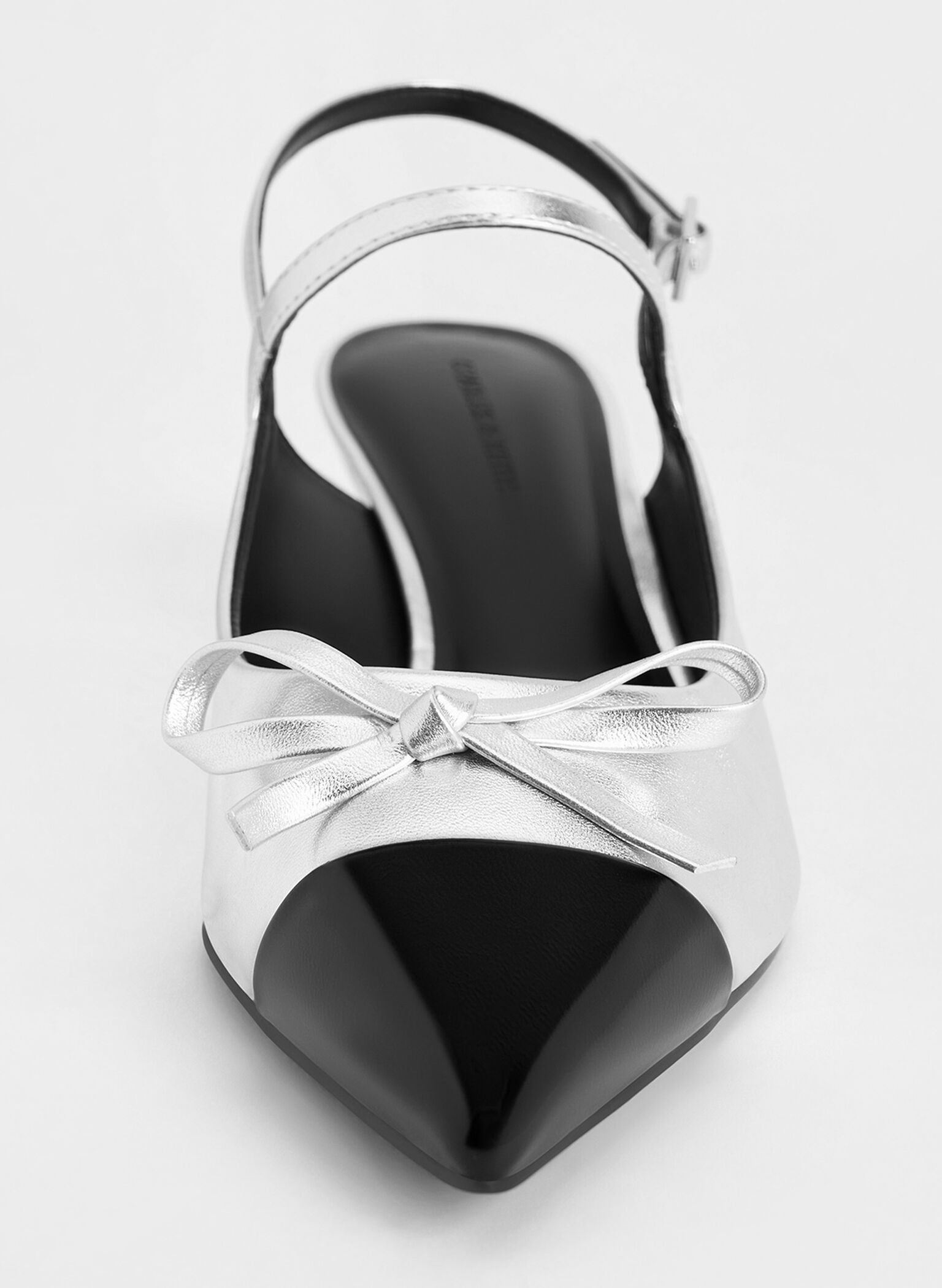 Metallic Bow Cap-Toe Kitten-Heel Slingback Pumps, Silver, hi-res