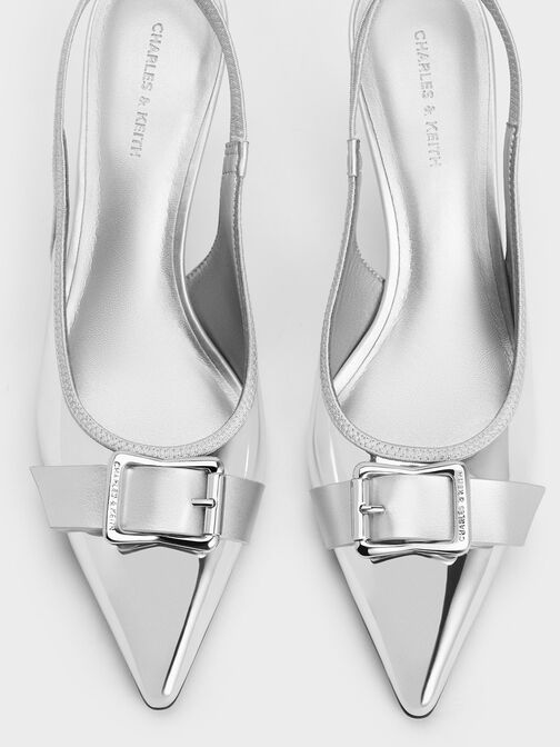 Metallic Buckled Pointed-Toe Slingback Pumps, Silver, hi-res
